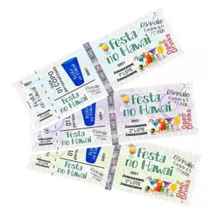 Ingresso (Para eventos)   10x5cm 4x0 (Frente Colorida, verso branco) Papel Filigranado 120g Sem verniz Serrilha + Fita Holográfica   